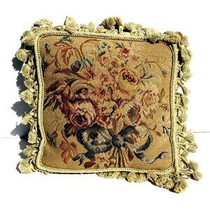 Vintage 14” Aubusson Design Handwoven Needlepoint Floral Pillow, Tassels 90s